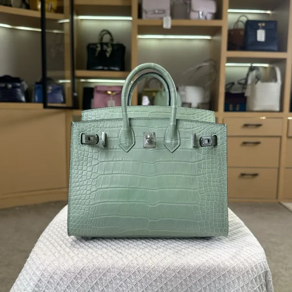 Modèle Hermès Birkin 20 cm coloris menthe coloris vert effet crocodile finitions argentées — réplique