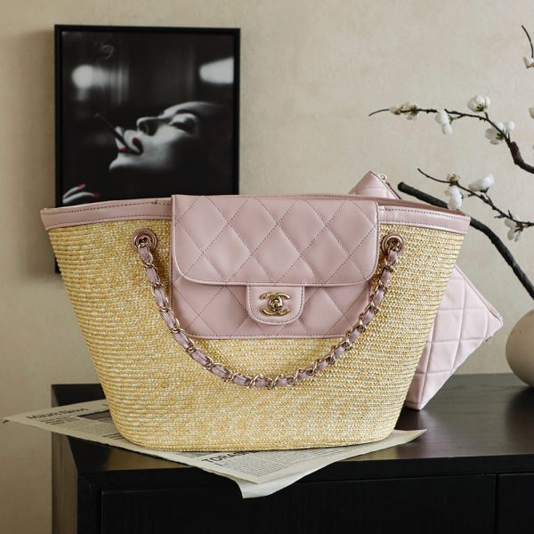 Chanel grand format Shopping Raffia cabas rose — réplique