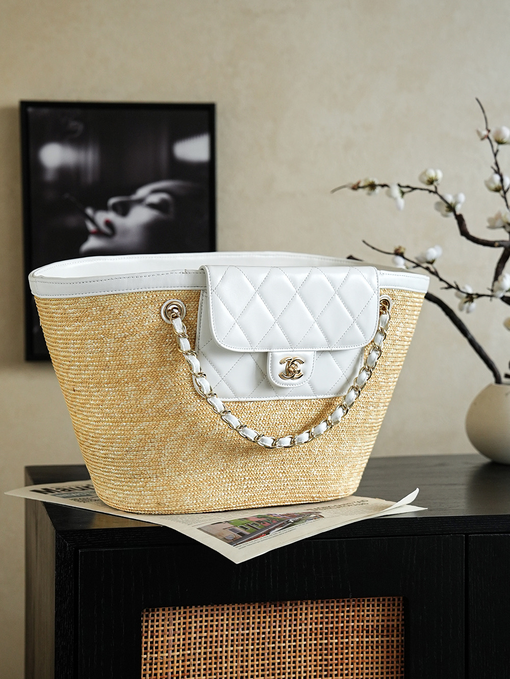 Chanel grand format Shopping Raffia cabas blanc — réplique – Image 4