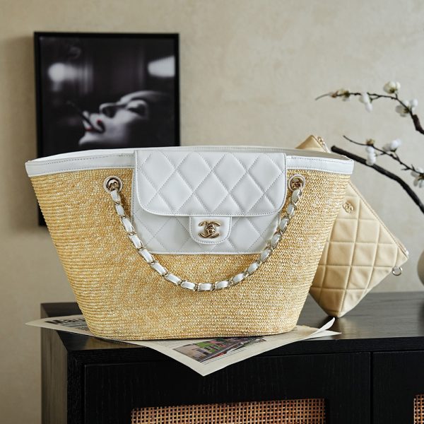 Chanel grand format Shopping Raffia cabas blanc — réplique