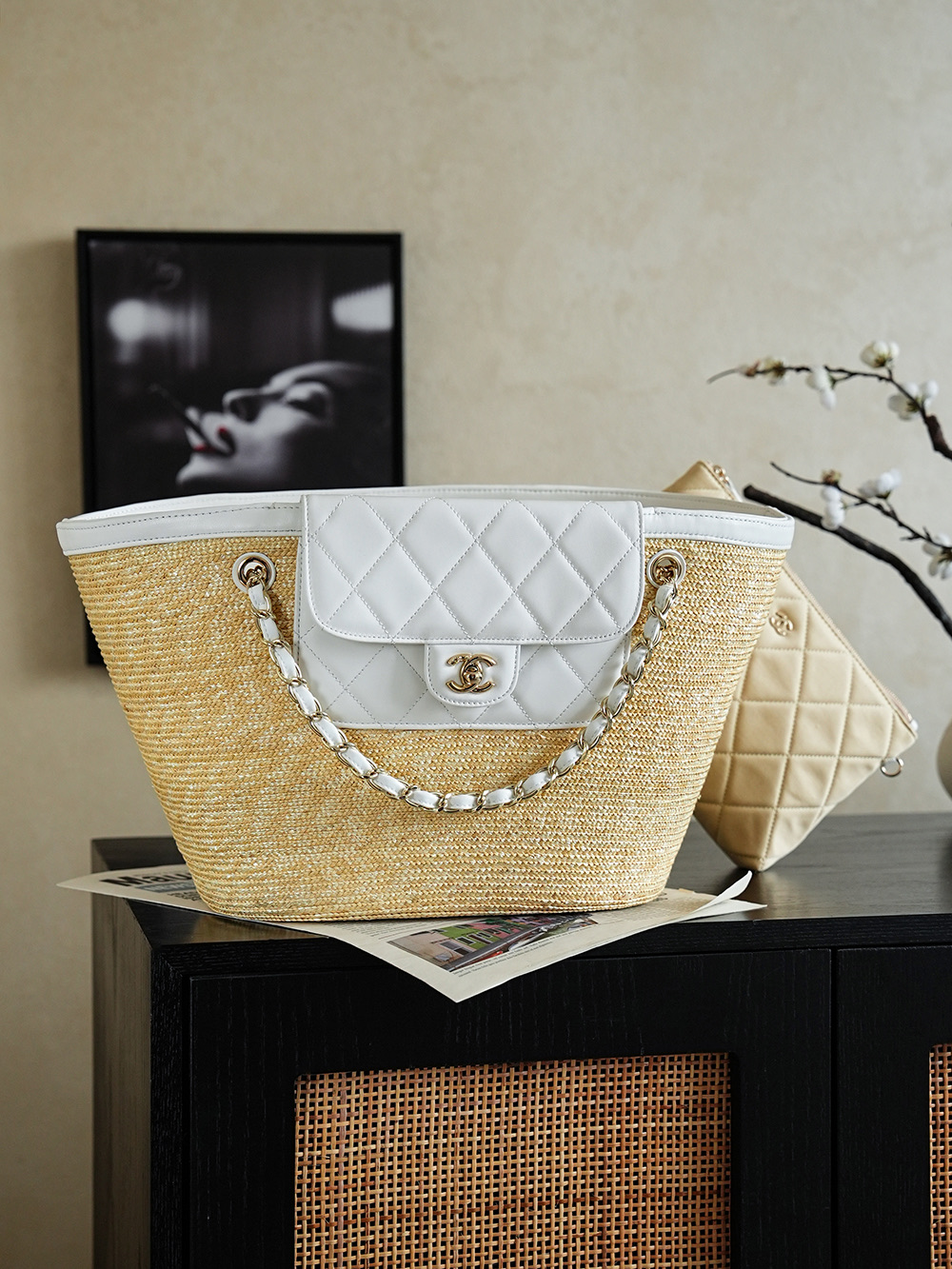 Chanel grand format Shopping Raffia cabas blanc — réplique