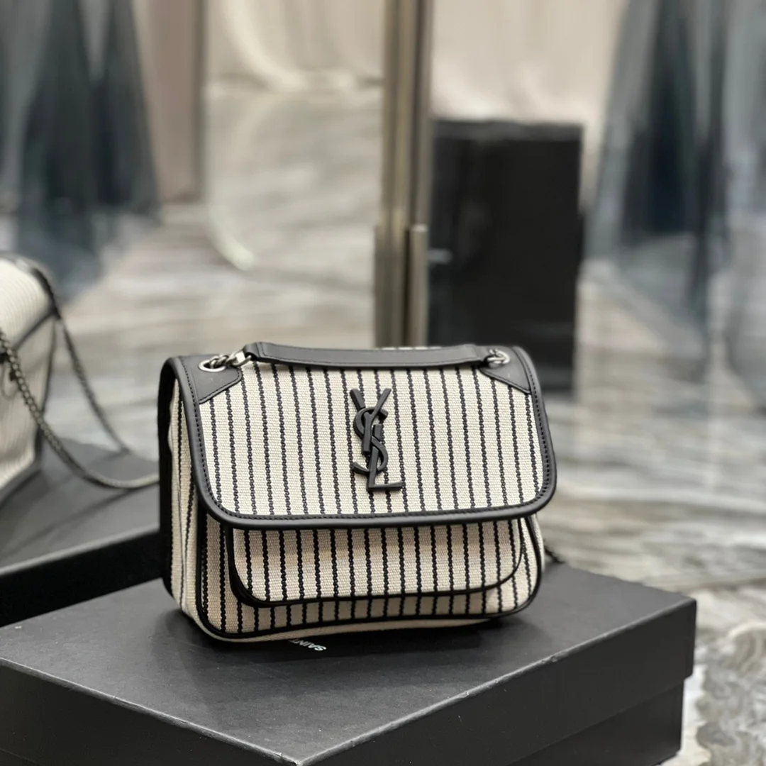 Modèle Saint Laurent coton toile rayé vintage cuir de veau Monogram format moyen Niki chaîne cartable — réplique
