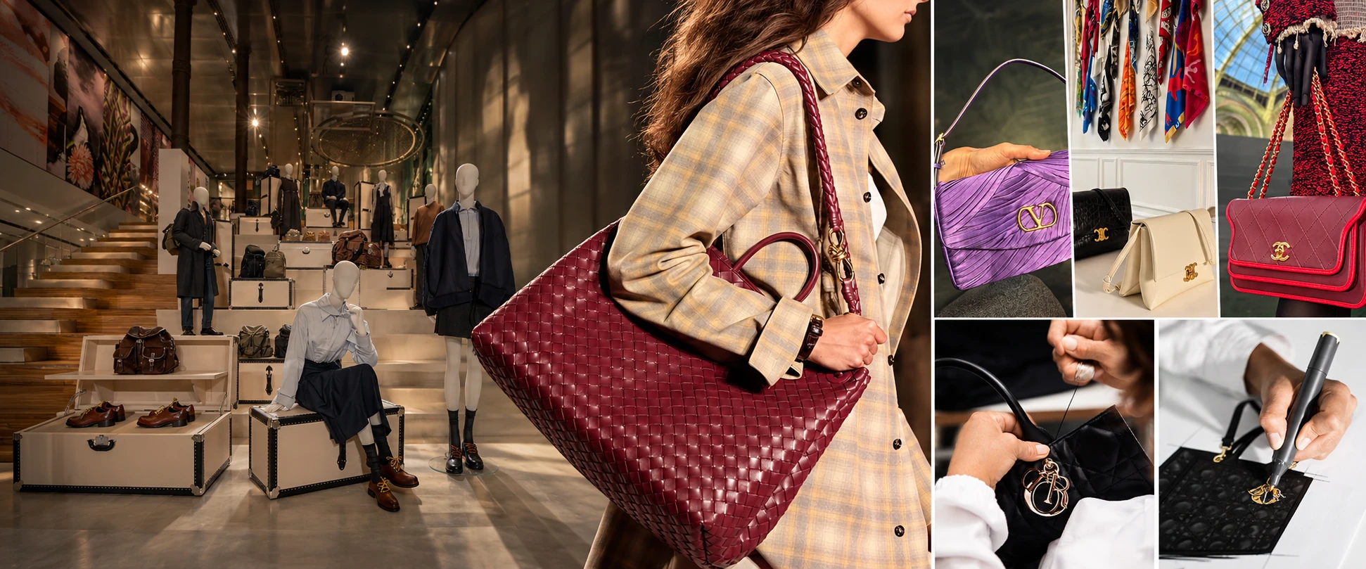 Composition éditoriale : sac tressé bordeaux porté, détails de sacs et scènes de collection