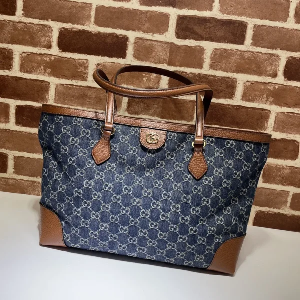 Cabas Gucci format moyen GG denim coloris marron coloris bleu marine cuir — réplique